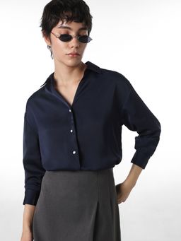 ONLY - Women's Solid Loose Fit Navy Blue Shirt