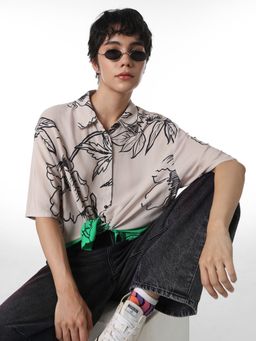 ONLY - Women's Floral Print Regular Fit Beige Shirt