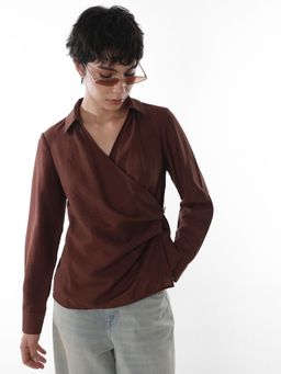 ONLY - Women's Solid Loose Fit Maroon Shirt