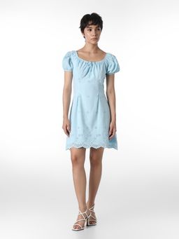 ONLY - Women's Self Design Fit and Flare Blue Dress
