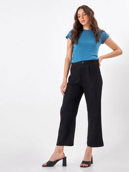Zumee - Black Tailored Wide-Leg Cropped Pants with High Waist and Slip Pockets