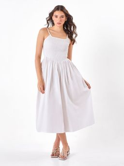 Zumee - White Smocked Bodice Cotton A-Line Midi Dresss