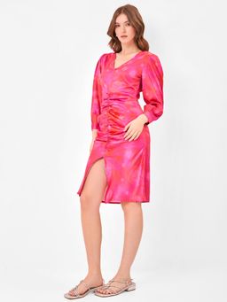 Zumee - Pink Satin Ruched Midi Dress with Puff Sleeves