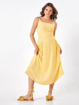 Zumee - Yellow Textured A-Line Midi Dress with Spaghetti Straps