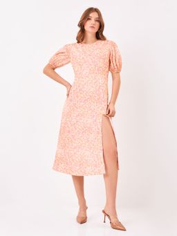 Zumee - Pink Floral A-Line Midi Dress with Puff Sleeves and Side Slit