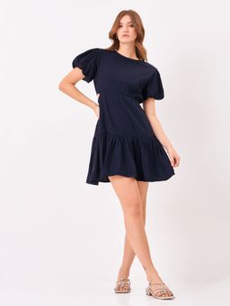 Zumee - Navy Blue Fit & Flare Mini Dress with Puff Sleeves and Hip Slit