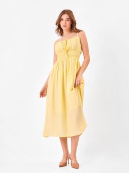 Zumee - Yellow Smocked A-Line Midi Dress with Spaghetti Straps and Square Neckline