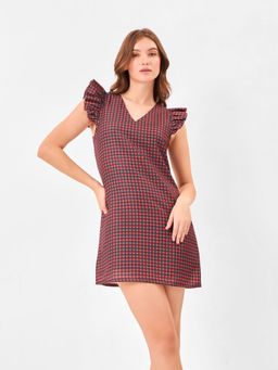Zumee - Red Checkered Mini Dress with Ruffled Sleeves