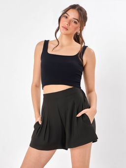 Zumee - Black Textured A-Line Mini Shorts with High Waist and Slip Pockets
