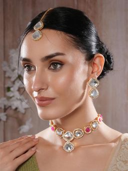Jazz and Sizzle - Pink Brass Necklace With Earrings & Maangtikka