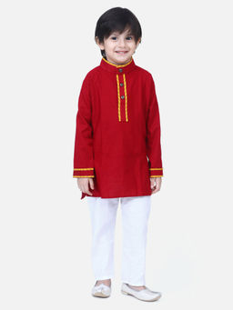 BownBee - Full Sleeve Stand Collar Kurta Pyjama- Maroon (Set of 2)
