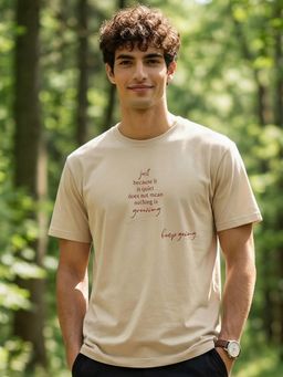 Nobero - Beige Regular Fit Typography Printed T-Shirt for Men