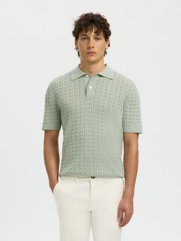 SELECTED HOMME - Green Organic Cotton Cable Knit Polo T-Shirt