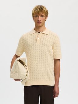 SELECTED HOMME - Organic Cotton Cable Knit Beige Polo T-Shirt