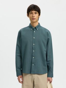 SELECTED HOMME - Linen Blend Full Sleeves Green Shirt