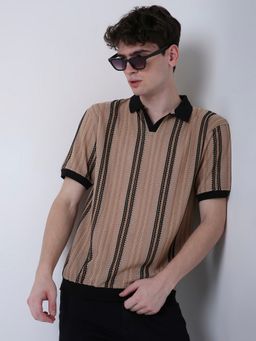 BLNK - Vintage Fawn Textured Stripe Polo Beige T-Shirt