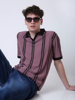 BLNK - Retro Plum Textured Stripe Polo Purple T-Shirt