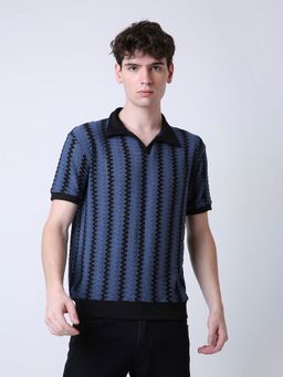 BLNK - Blue Textured Stripe Polo Blue T-Shirt