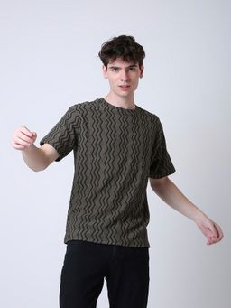 BLNK - Olive Green Textured Zigzag Stripe Pattern T-Shirt