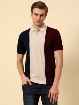 Cantabil - Wine Colourblocked Slim Fit Polo T-Shirt