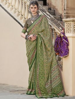 Elora - Soft Silk Printed Patola Designed Saree (Light Green)