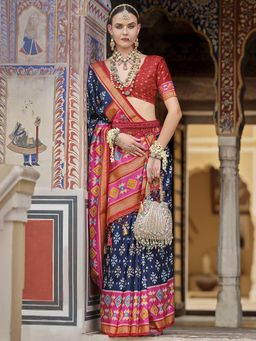 Elora - Soft Silk Printed Patola Designed Saree (Navy Blue)