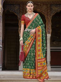 Elora - Soft Silk Printed Patola Designed Saree (Dark Green)