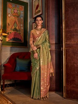 Elora - Green Pure Tussar Silk Woven Designed Weaving Saree with Unstitched Blouse