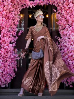 Elora - Brown Pure Satin Crepe Printed Bollywood Saree with Unstitched Blouse