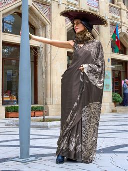 Elora - Black Pure Satin Crepe Printed Bollywood Saree with Unstitched Blouse