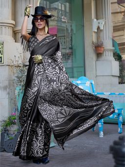 Elora - Black Pure Satin Crepe Printed Bollywood Saree with Unstitched Blouse