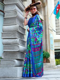 Elora - Multicolor Pure Satin Crepe Printed Bollywood Saree with Unstitched Blouse