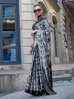 Elora - Black and Silver Pure Satin Crepe Printed Bollywood Saree with Unstitched Blouse