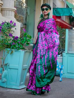 Elora - Neon Pink Pure Satin Crepe Printed Bollywood Saree with Unstitched Blouse