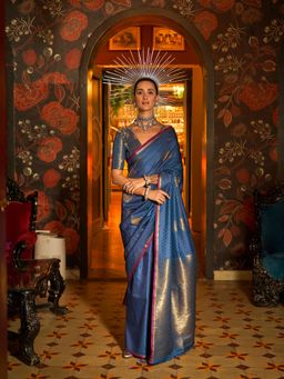 Elora - Blue Pure Soft Silk Woven Designed Weaving Saree with Unstitched Blouse