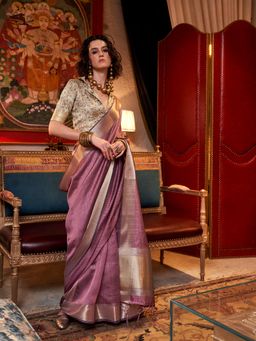 Elora - Dusty Wine Pure Chiffon Woven Zari Stripes Bollywood Saree with Unstitched Blouse