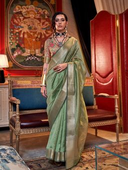 Elora - Dusty Green Pure Chiffon Woven Zari Stripes Bollywood Saree with Unstitched Blouse