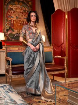 Elora - Grey Pure Chiffon Woven Zari Stripes Bollywood Saree with Unstitched Blouse