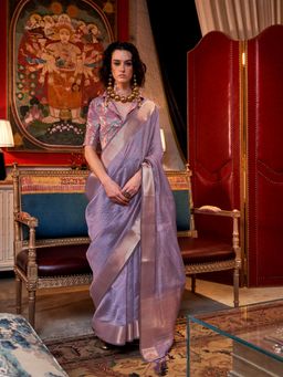 Elora - Lavender Pure Chiffon Woven Zari Stripes Bollywood Saree with Unstitched Blouse