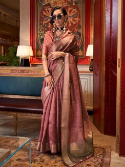 Elora - Brick Red Pure Chiffon Woven Zari Stripes Bollywood Saree with Unstitched Blouse