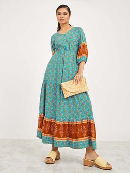 Styli - Green Cuffed 3/4 Sleeves Floral Print A-line Maxi Dress