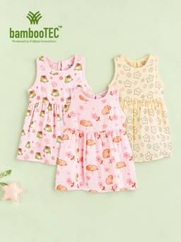 Kidbea - Multi-Color Bamboo Cotton Gentle Feel Sleeveless Frock Dress (Pack of 3)