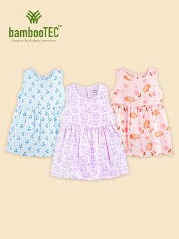 Kidbea - Multi-Color Bamboo Cotton Comfy Wear Sleeveless Frock Dress (Pack of 3)