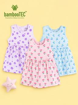 Kidbea - Multi-Color Bamboo Cotton Light Feel Sleeveless Frock Dress (Pack of 3)