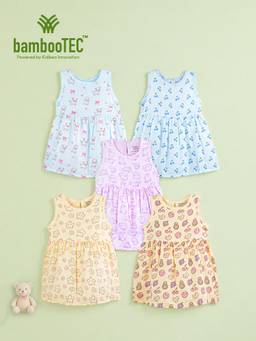 Kidbea - Multi-Color Bamboo Cotton Cool Airy Sleeveless Frock Dress (Pack of 5)