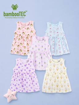 Kidbea - Multi-Color Bamboo Cotton Gentle Casual Sleeveless Frock Dress (Pack of 5)