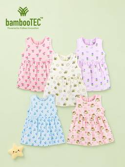 Kidbea - Multi-Color Bamboo Cotton Airy Ease Sleeveless Frock Dress (Pack of 5)
