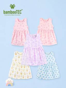 Kidbea - Multi-Color Bamboo Cotton Soft Daily Sleeveless Frock Dress (Pack of 5)