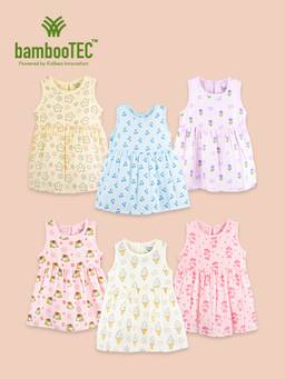 Kidbea - Multi-Color Bamboo Cotton Airy Summer Sleeveless Frock Dress (Pack of 6)