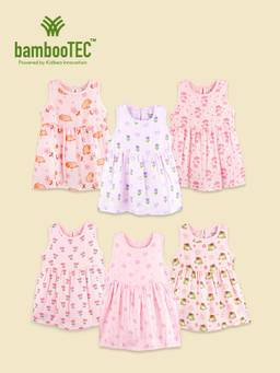 Kidbea - Multi-Color Bamboo Cotton Gentle Playful Sleeveless Frock Dress (Pack of 6)